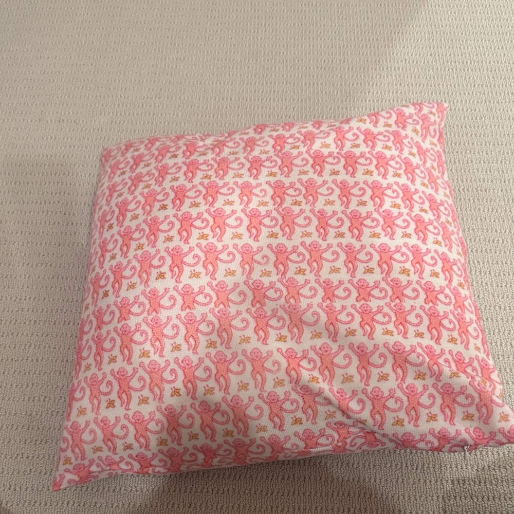 Pink and White Roller Rabbit monkey Patterned Pillow